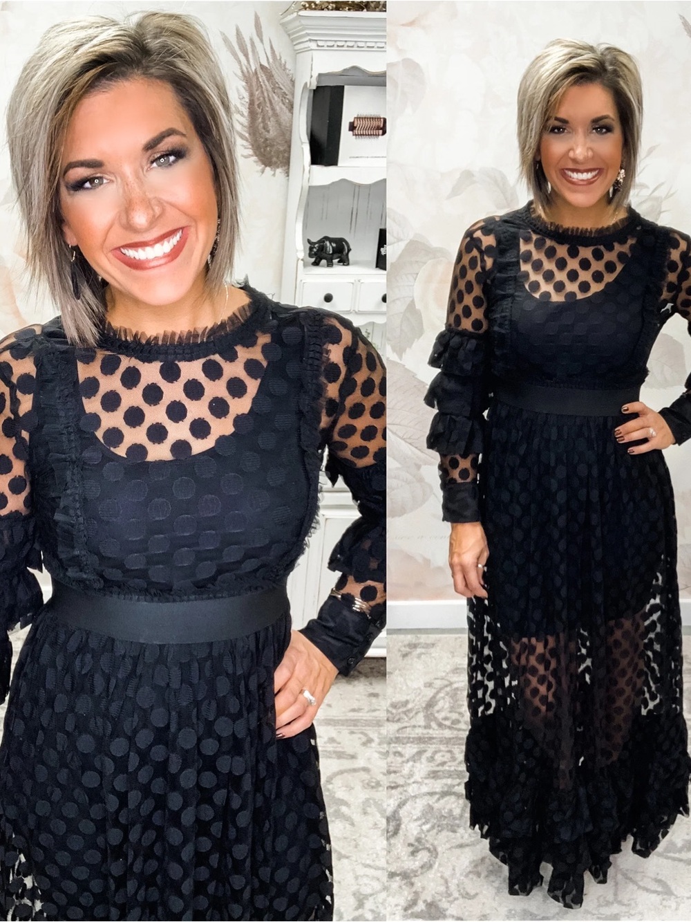 Eien black sheer polka dot maxi dress with ruffled long sleeves, size medium - Picture 3 of 7
